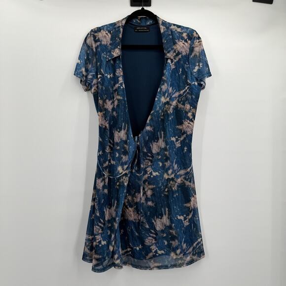 Urban Outfitters Dress Womens Large Tie Dye Short Sleeve Collared Wrap Mesh - Picture 1 of 10